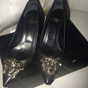 Versace Medusa head gold heel pumps